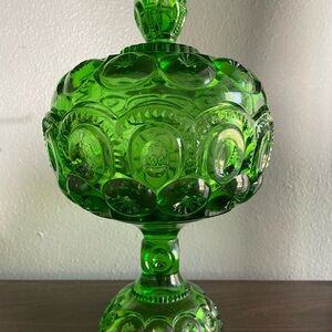 LG Wright Moon and Stars Large Vintage Glass Compote with Lid Emerald Green